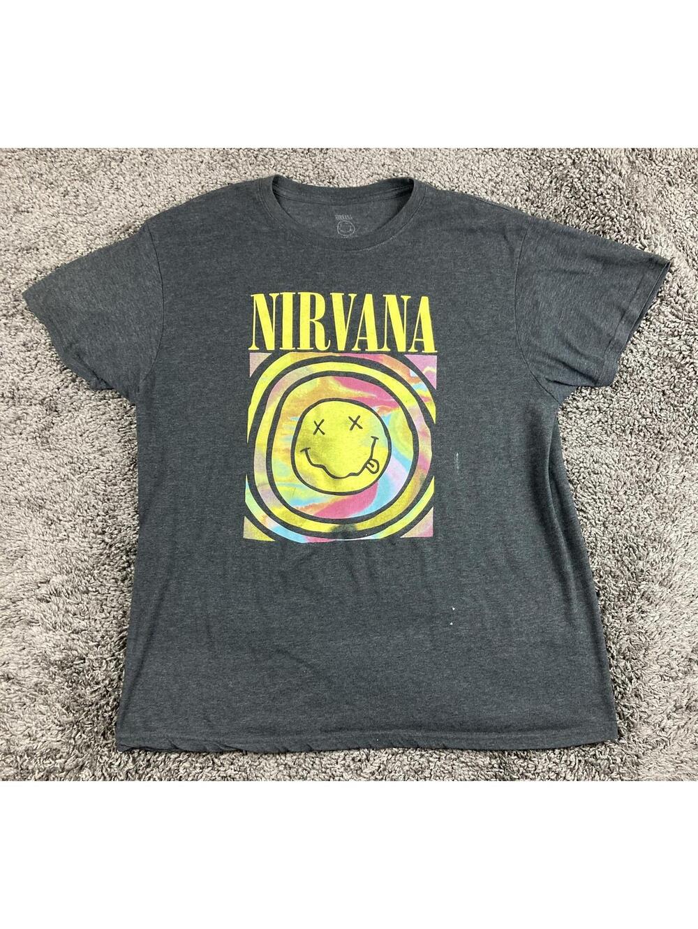 Nirvana T Shirt Men Grey Tie Dye Smiley Face Graphic Rock Band Grunge Tee Sz 2XL